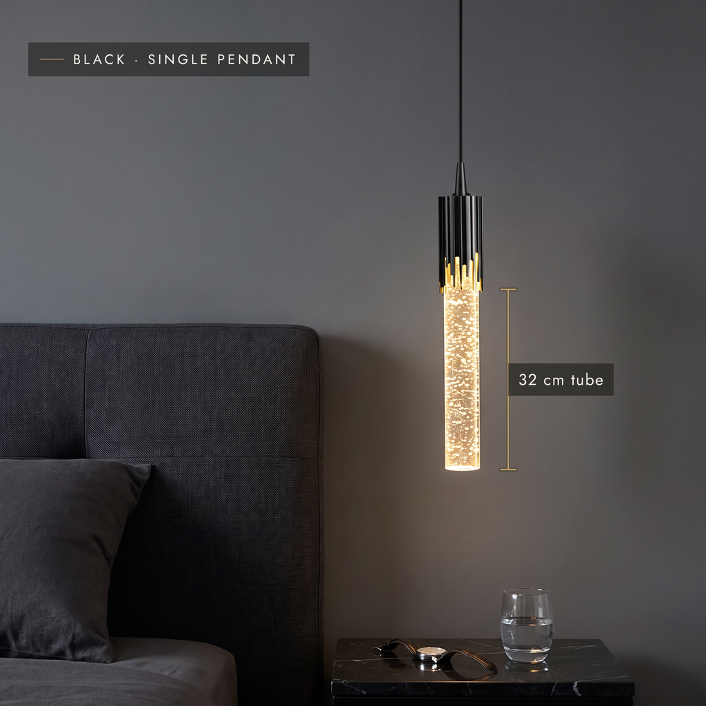 Black single bubble tube pendant light, 32 cm tube, in a bedroom