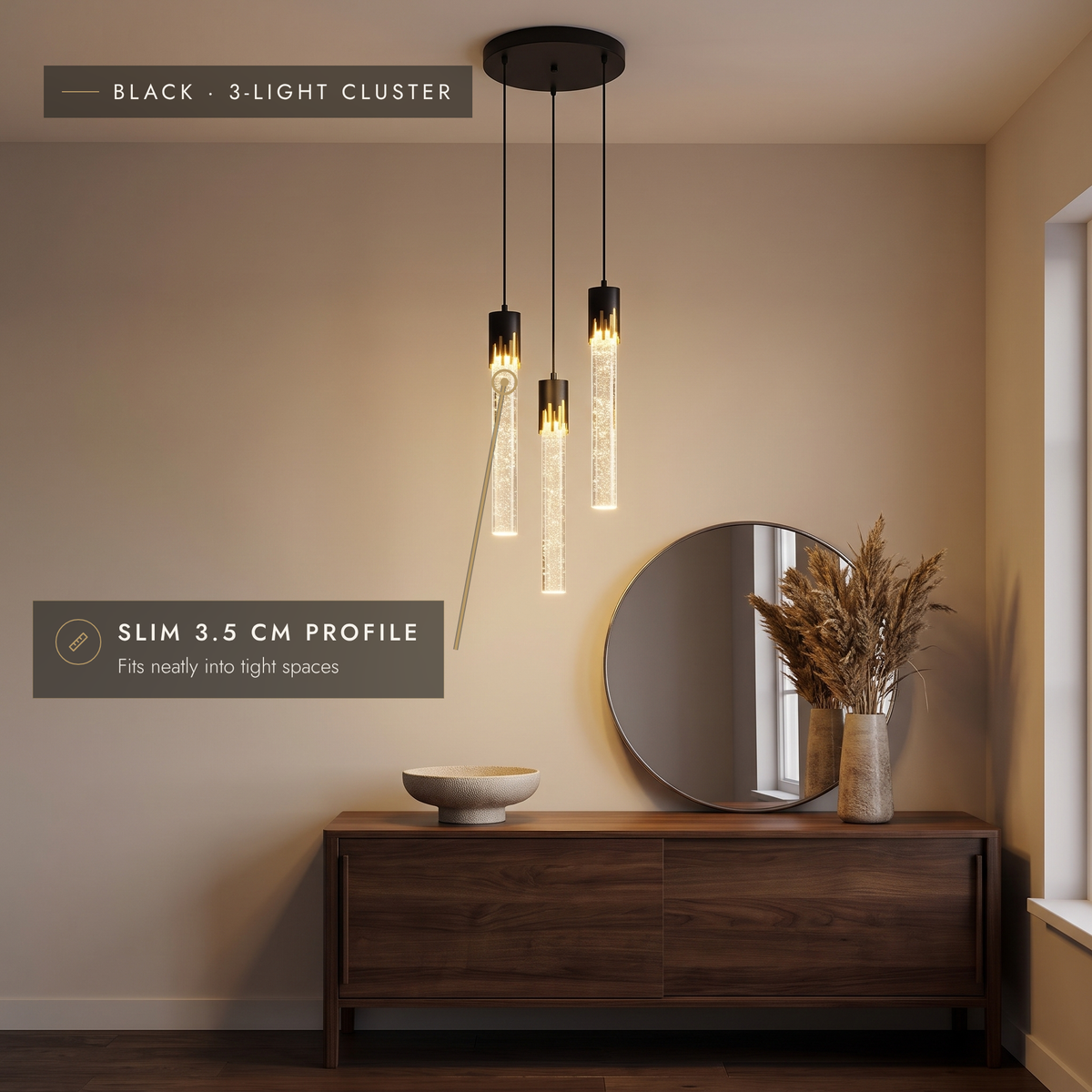 Black three-light bubble tube cluster pendant in a hallway