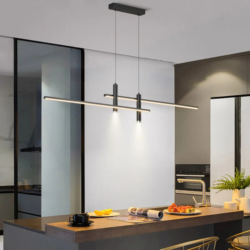 Modern Nordic LED Dining Room Chandelier | Dimmable Linear Pendant Light | Bar Counter Strip Ceiling Lamp with Remote Control | AC110-240V Minimalist Designer Hanging Light Fixture