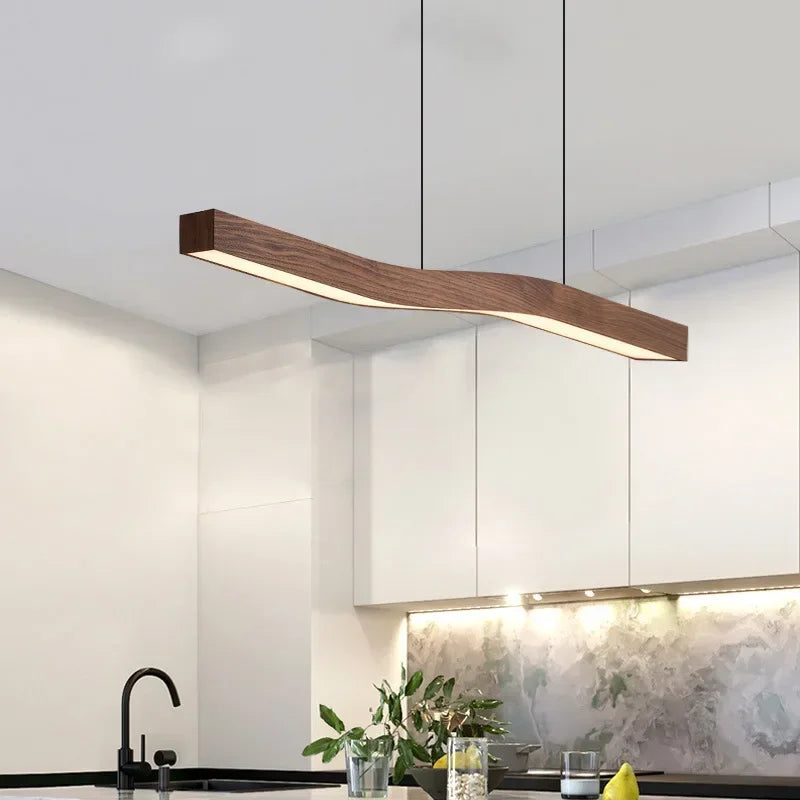 Modern Linear LED Pendant Light – Walnut Wood Effect Hanging Ceiling Light for Dining Room, Kitchen Island, Restaurant & Office