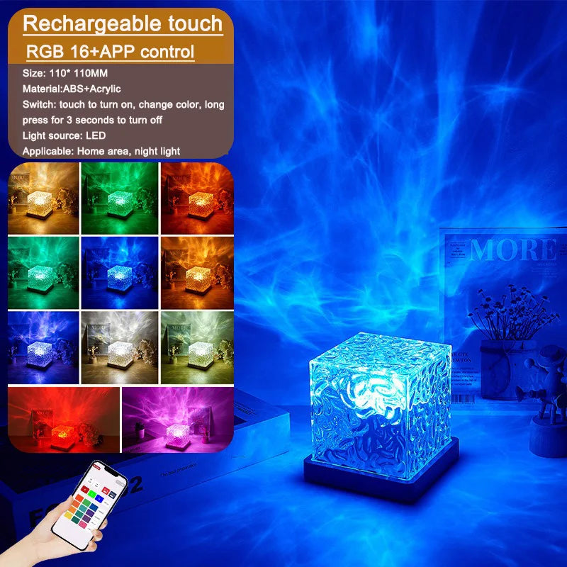 LED Rotating Water Ripple Night Lights RGB Colors Changing Show Cube Crystal Table Lamp for Home Bedroom Kids Party Decorations