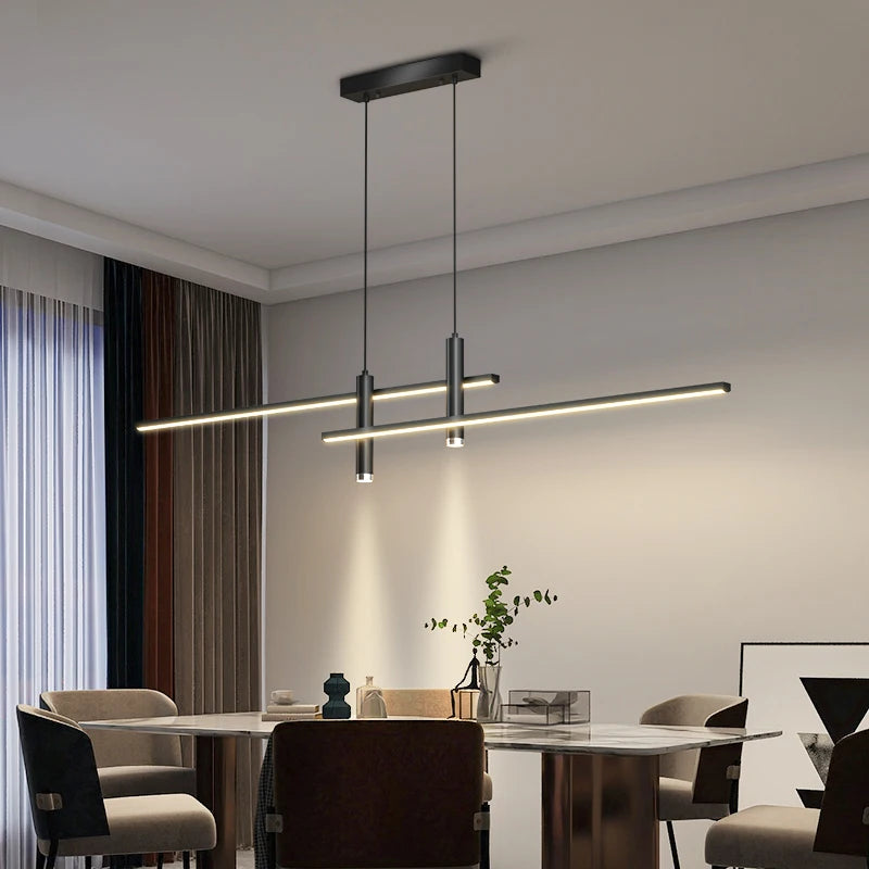 Modern Nordic LED Dining Room Chandelier | Dimmable Linear Pendant Light | Bar Counter Strip Ceiling Lamp with Remote Control | AC110-240V Minimalist Designer Hanging Light Fixture