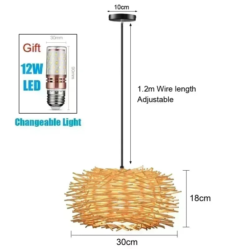 Bamboo Hand Weaving Pendant Lights 38Cm Hanging LED Ceiling Lamp Chandelier Fixture Rattan Hand Craft Woven Home Bedroom Decor