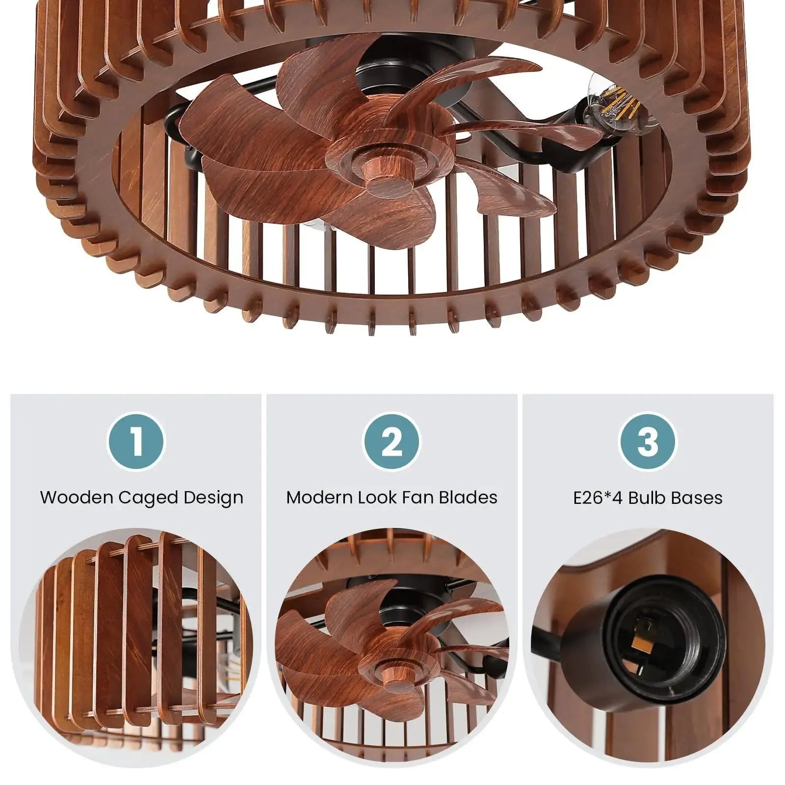 Scandinavian Wooden Ceiling Fan Light – Wabi-Sabi Pendant Ceiling Fan with Remote Control for Bedroom, Living Room & Dining Room