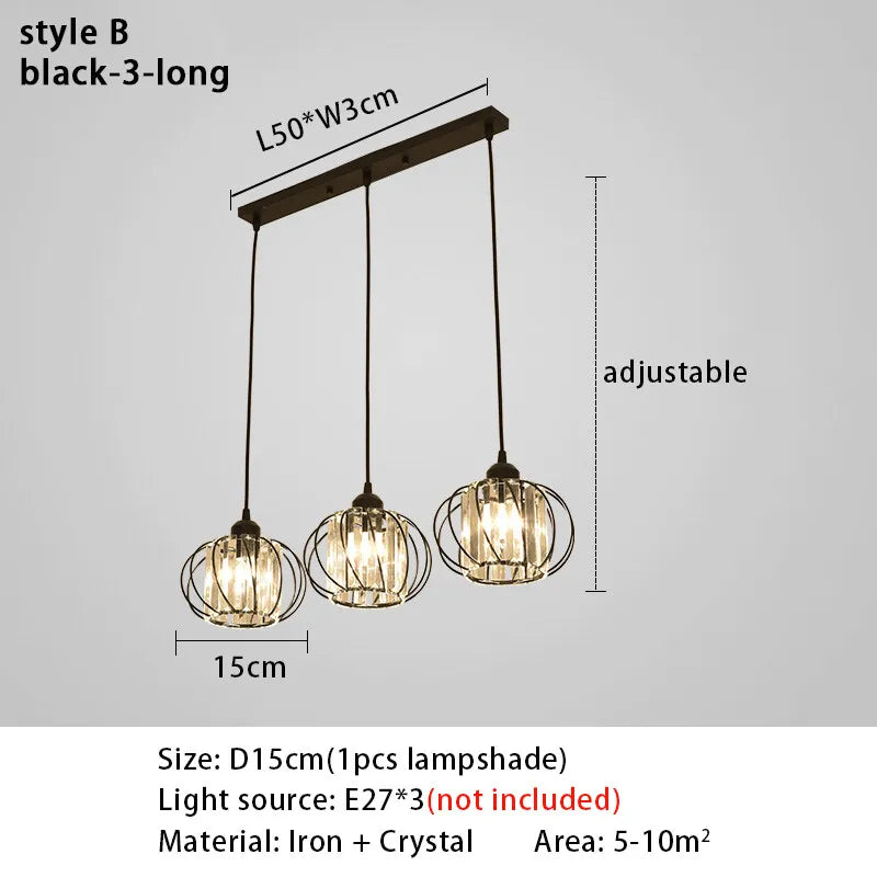Crystal LED Pendant Lights for Dining Room Living Room Nordic Black Iron Shade 1/3 Lights Kitchen Decor Hanging Ceiling Lamp