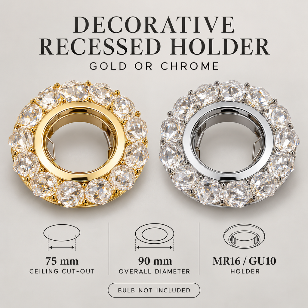 Gold and chrome decorative recessed downlight holders with 75 mm ceiling cut-out, 90 mm overall diameter; bulb not included