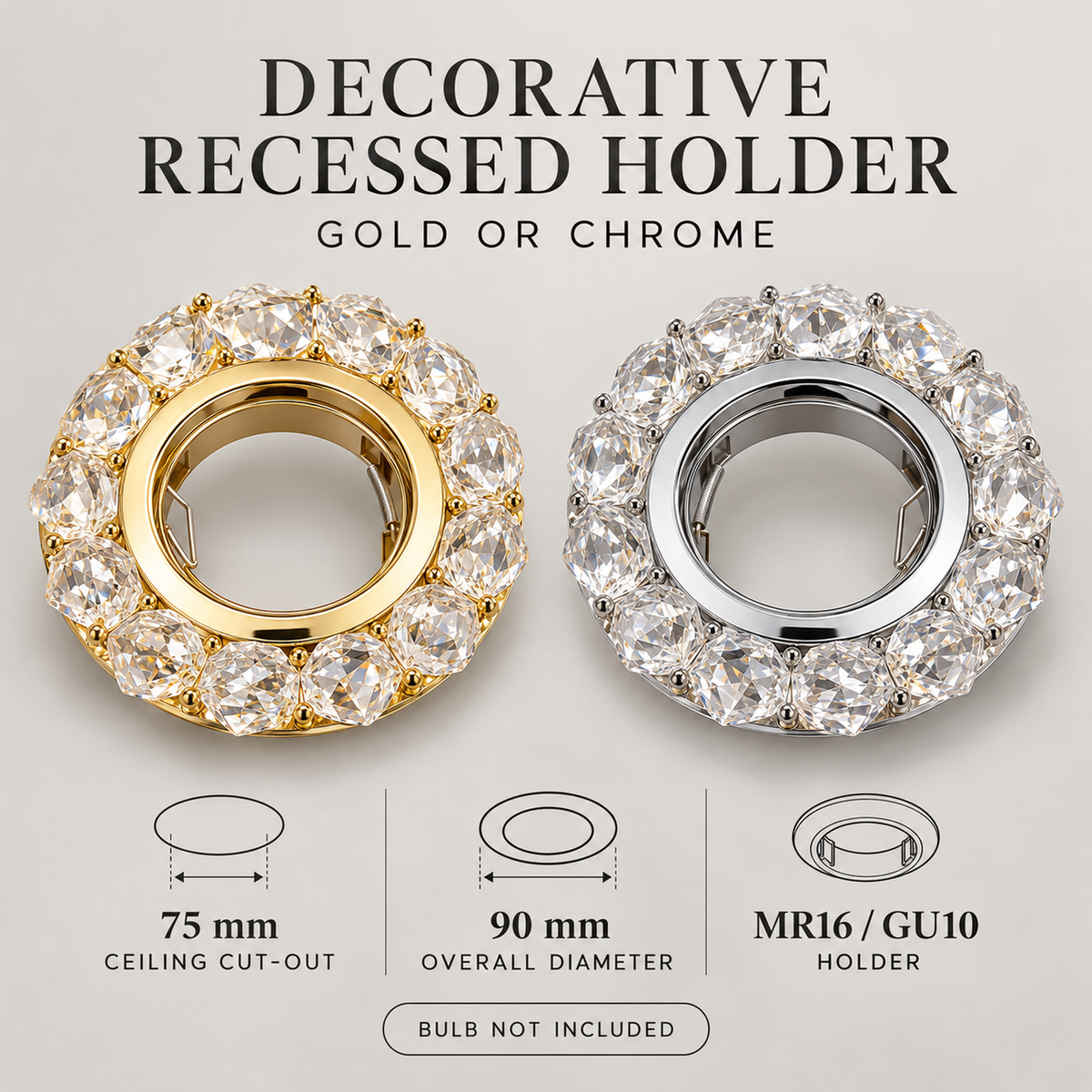 Gold and chrome decorative recessed downlight holders with 75 mm ceiling cut-out, 90 mm overall diameter; bulb not included