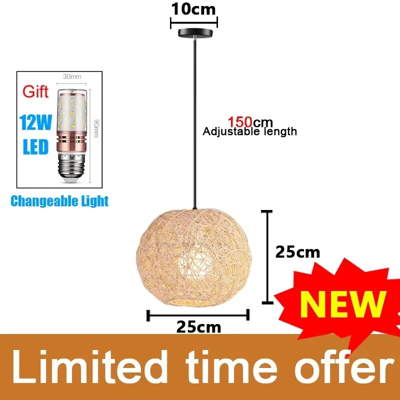 Bamboo Hand Weaving Pendant Lights 38Cm Hanging LED Ceiling Lamp Chandelier Fixture Rattan Hand Craft Woven Home Bedroom Decor