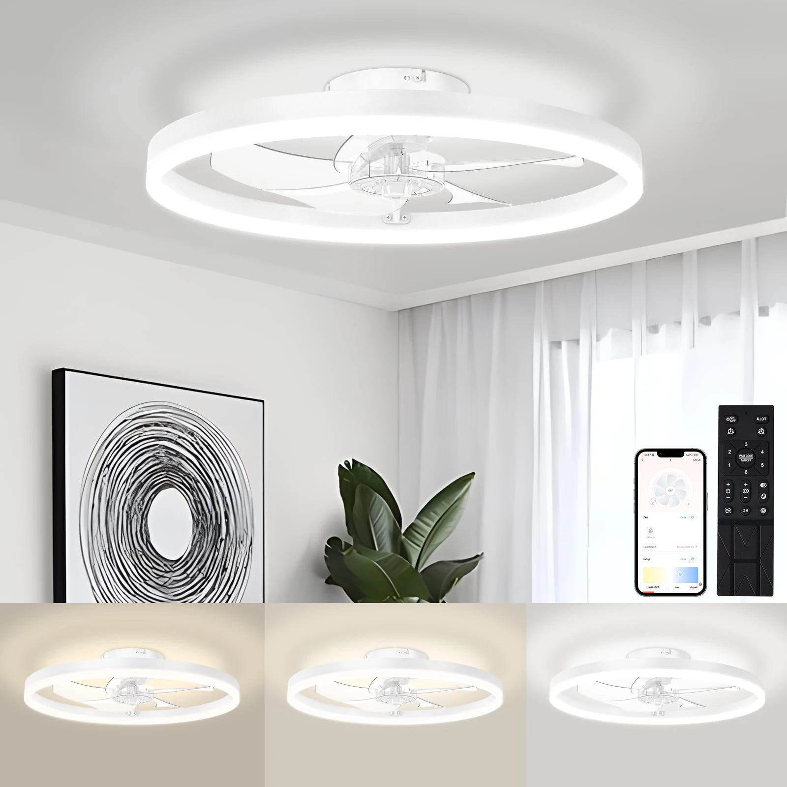 Modern Ultra-Thin LED Ceiling Fan with Light – Dimmable Smart Ceiling Fan with Remote Control for Living Room, Bedroom & Home Office