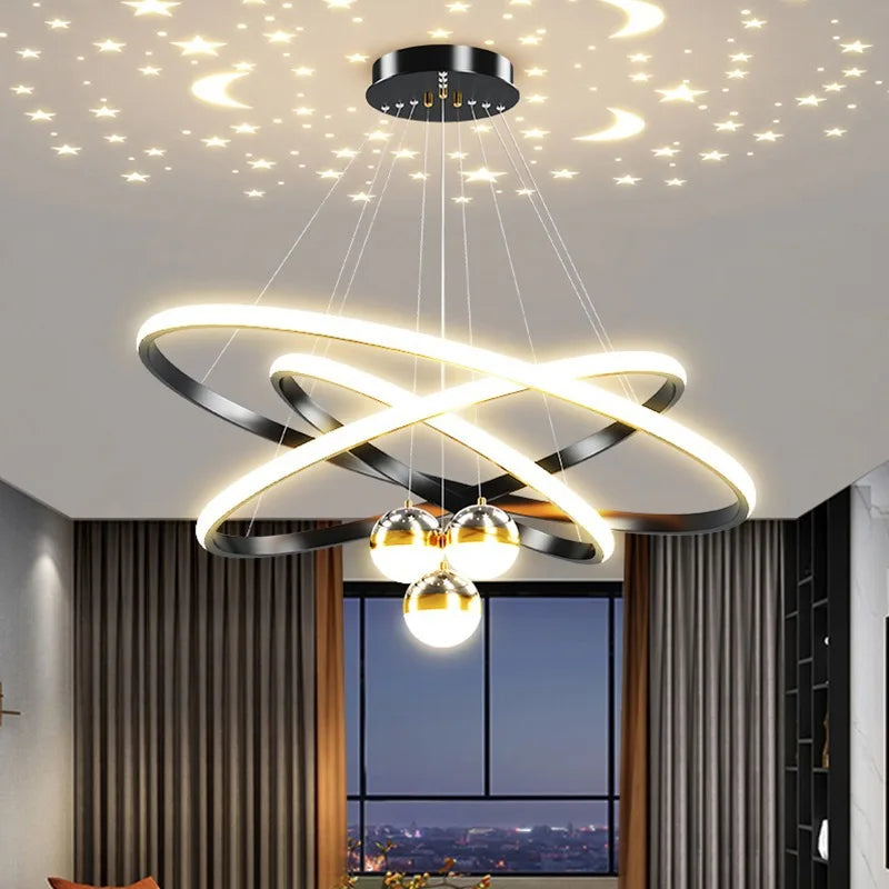 Modern LED Ring Chandelier with Moon & Star Design – Black or Gold Ceiling Light for Living Room, Dining Room, Bedroom & Entryway