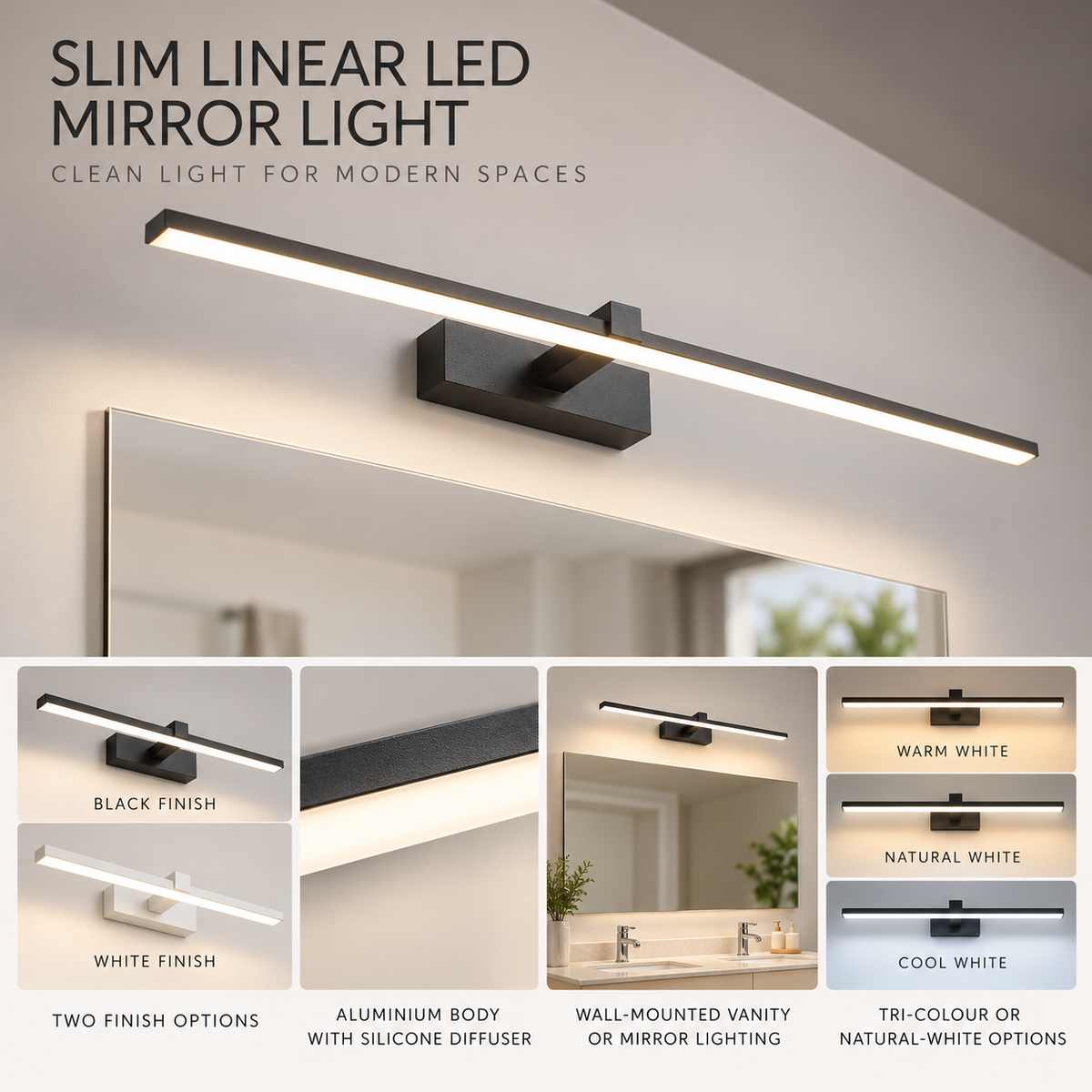 Linear LED mirror light infographic showing black or white finish, aluminium body, silicone diffuser and light options
