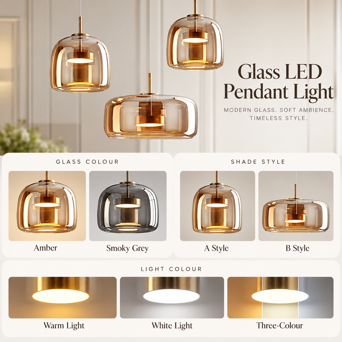 Glass shade LED pendant infographic showing amber or smoky grey, shade styles and light options