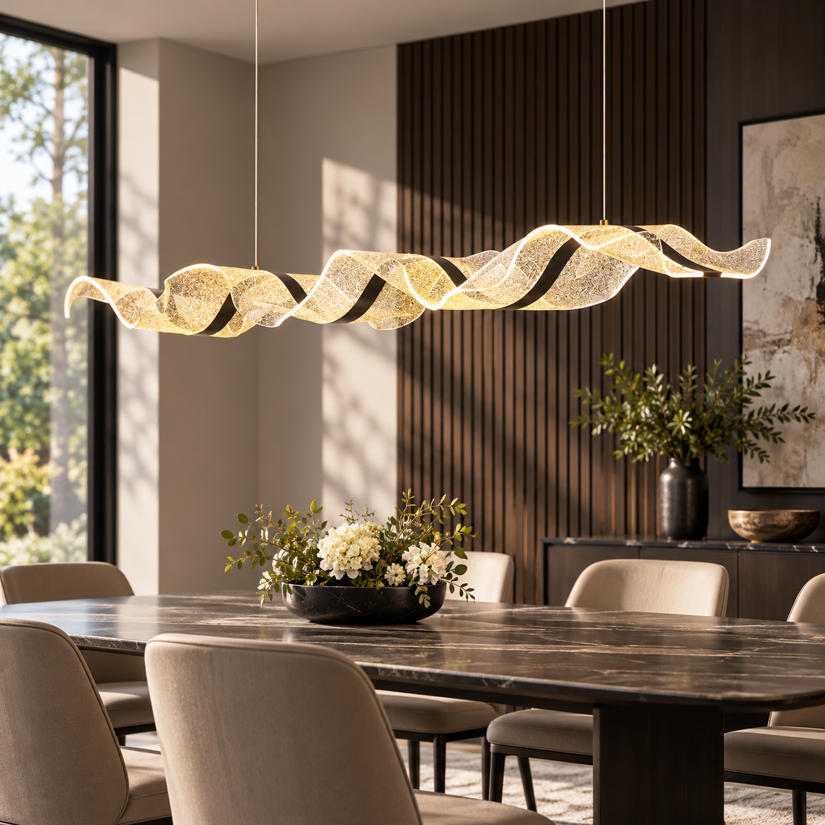 Gold sculptural wave LED pendant installed above a modern dining table