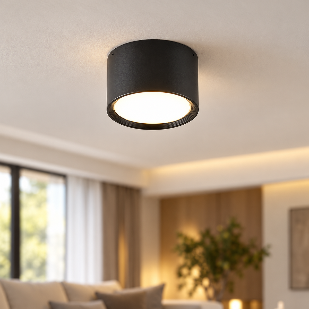 Black surface-mounted LED downlight in a warm contemporary living room