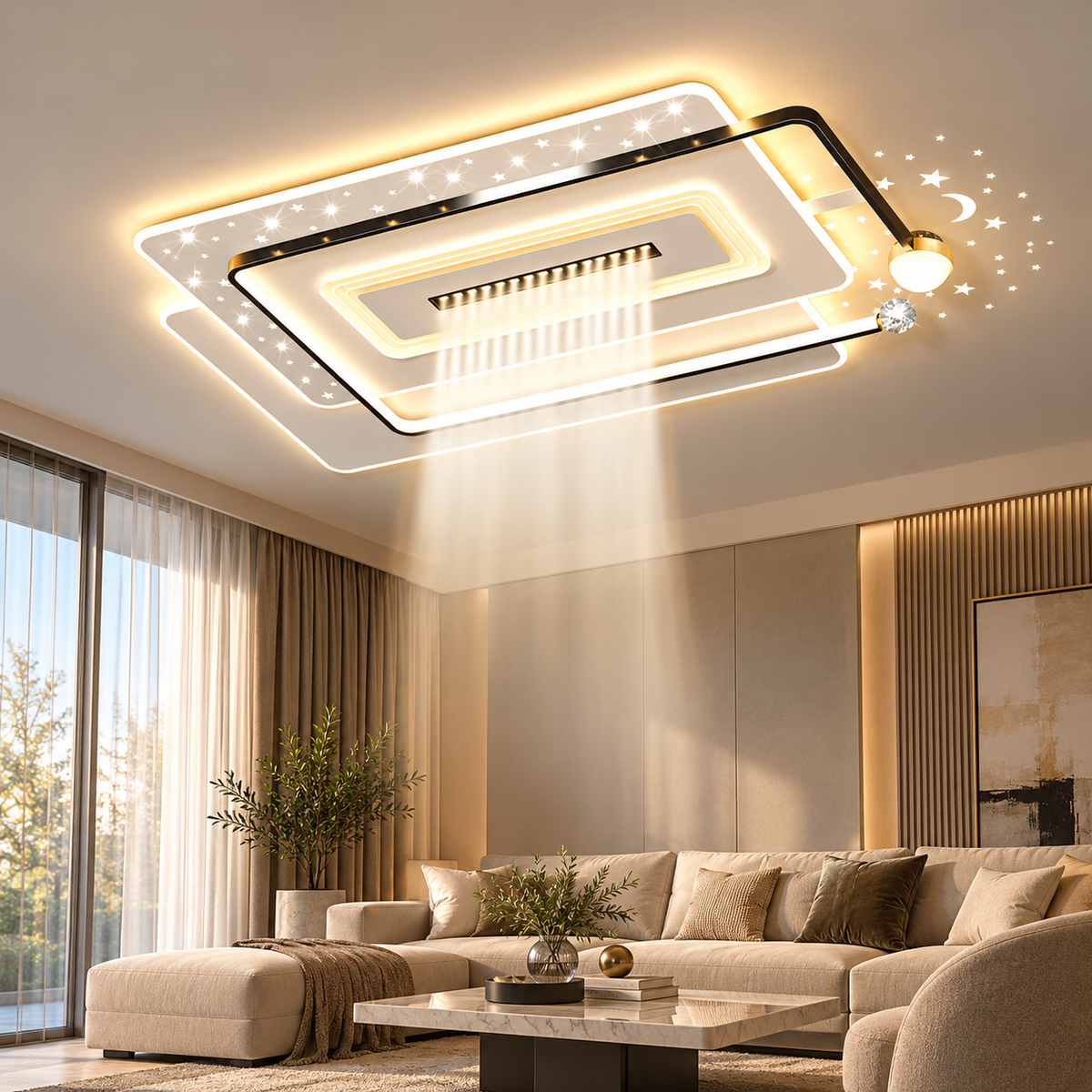 Geometric LED ceiling light installed as a focal point in a contemporary living room