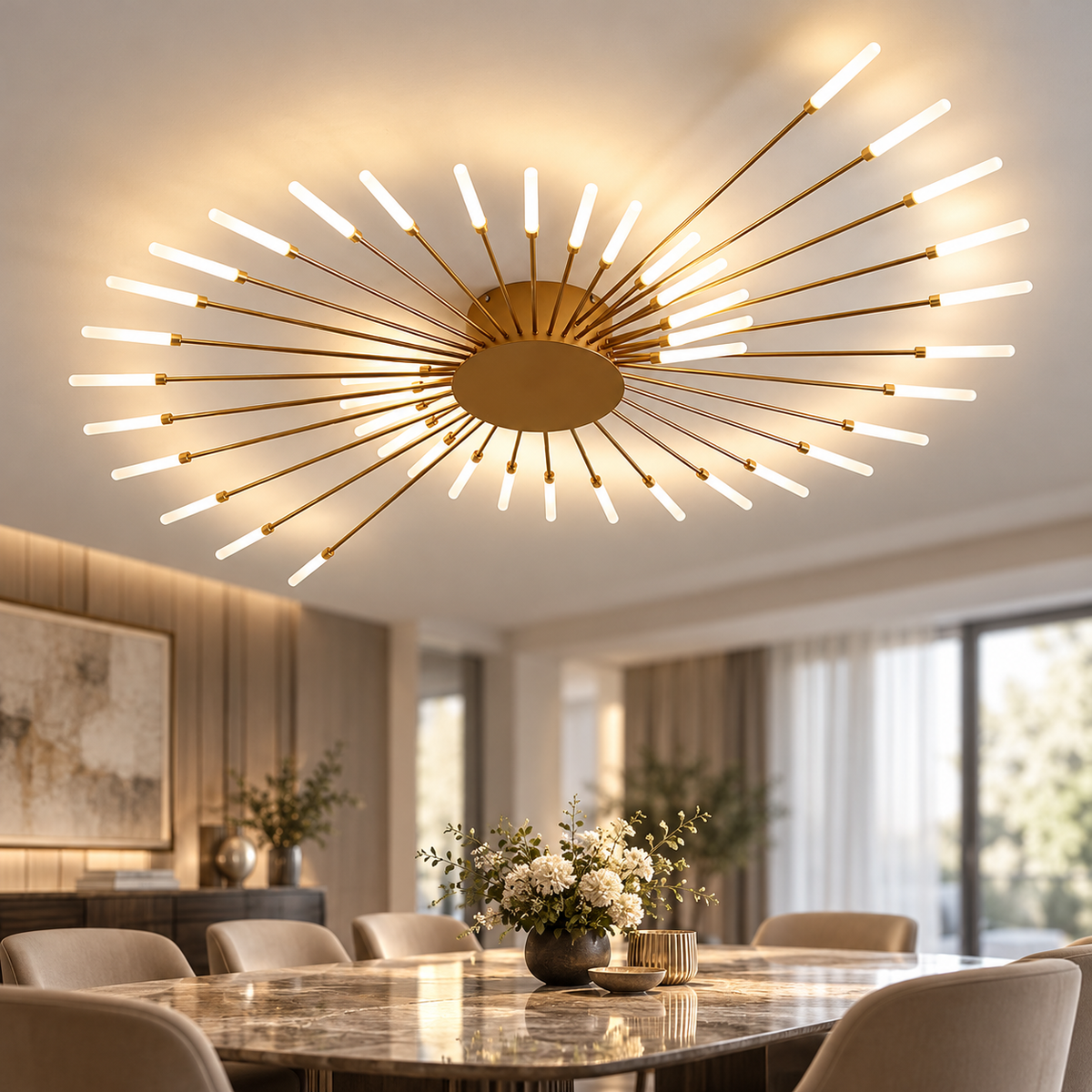 Gold spiral LED ceiling chandelier installed above a contemporary dining table