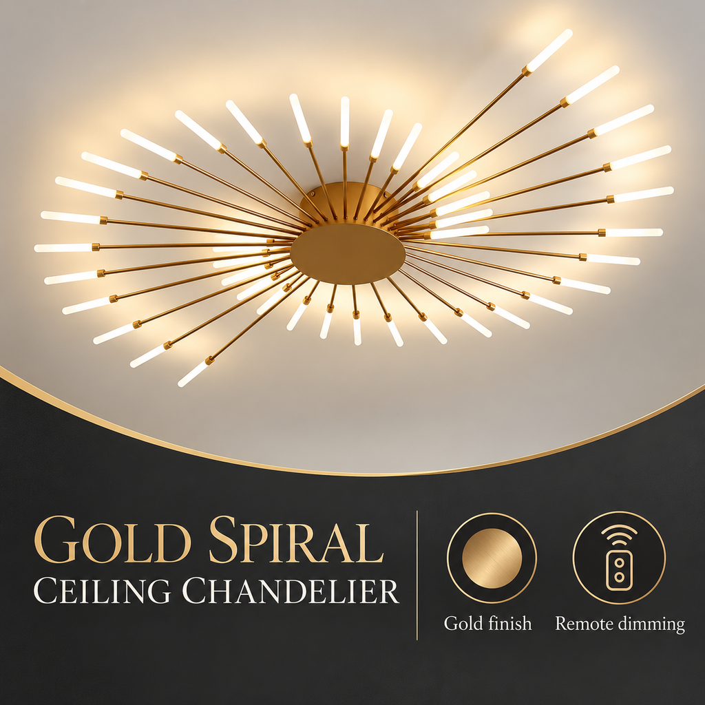 Gold spiral chandelier infographic showing gold finish and remote dimming