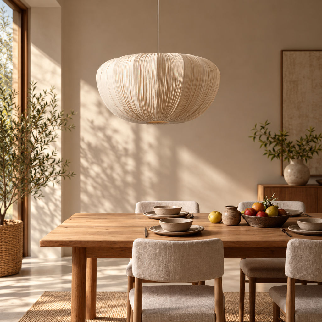Pleated fabric pendant installed above a natural wood dining table