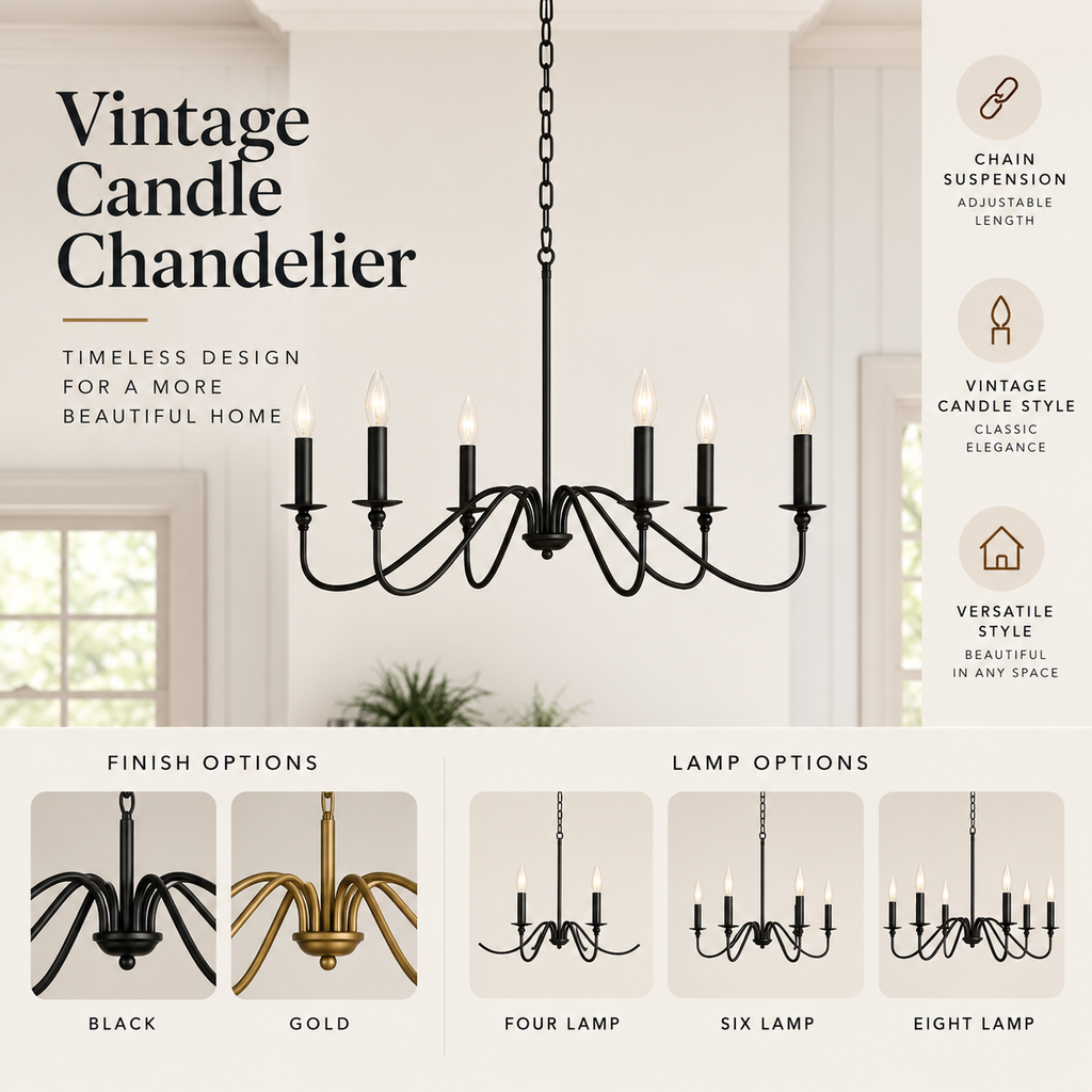 Vintage candle chandelier infographic showing black or gold finish, four, six or eight lamps and adjustable chain suspension