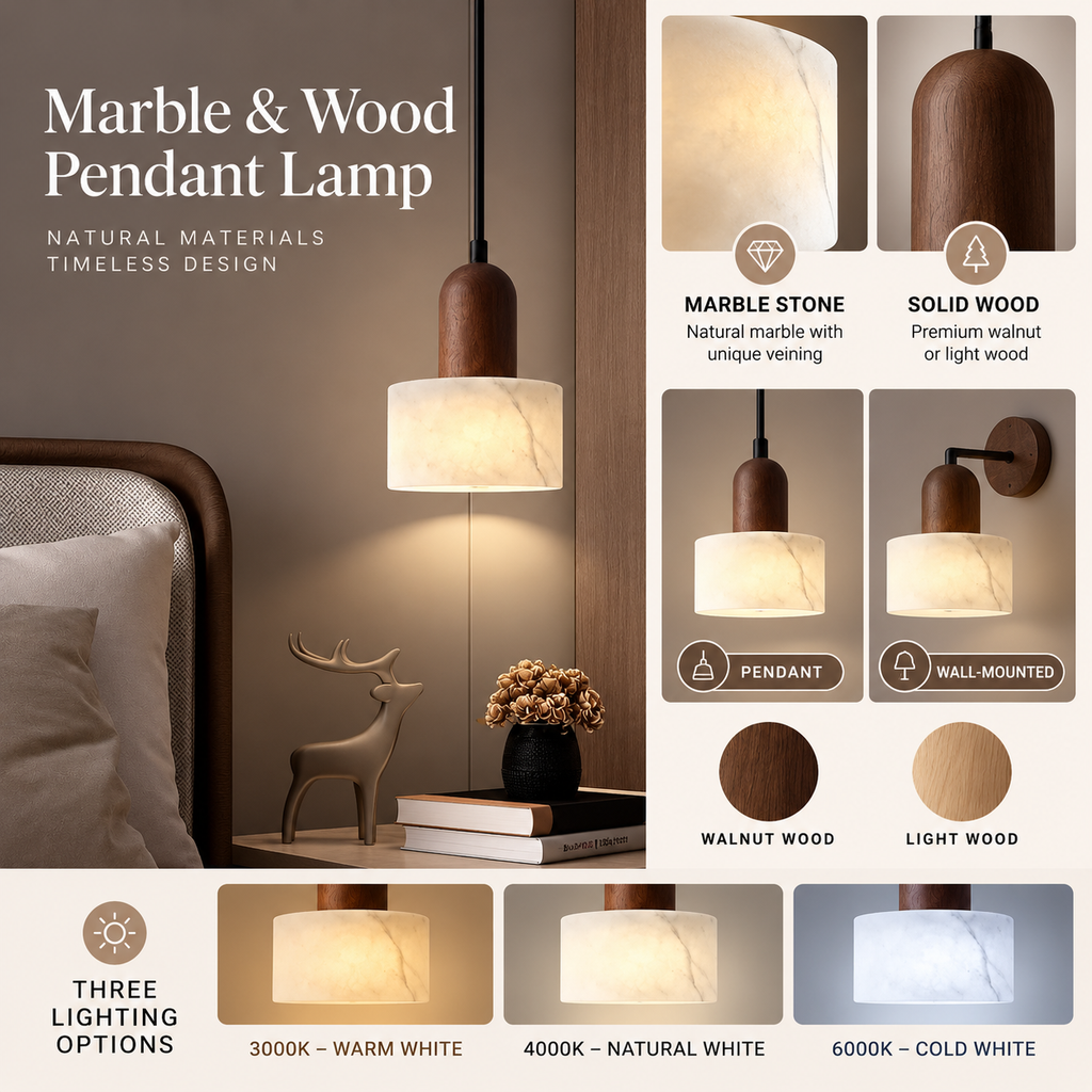 Marble and wood lamp infographic showing materials, pendant or wall format and light options