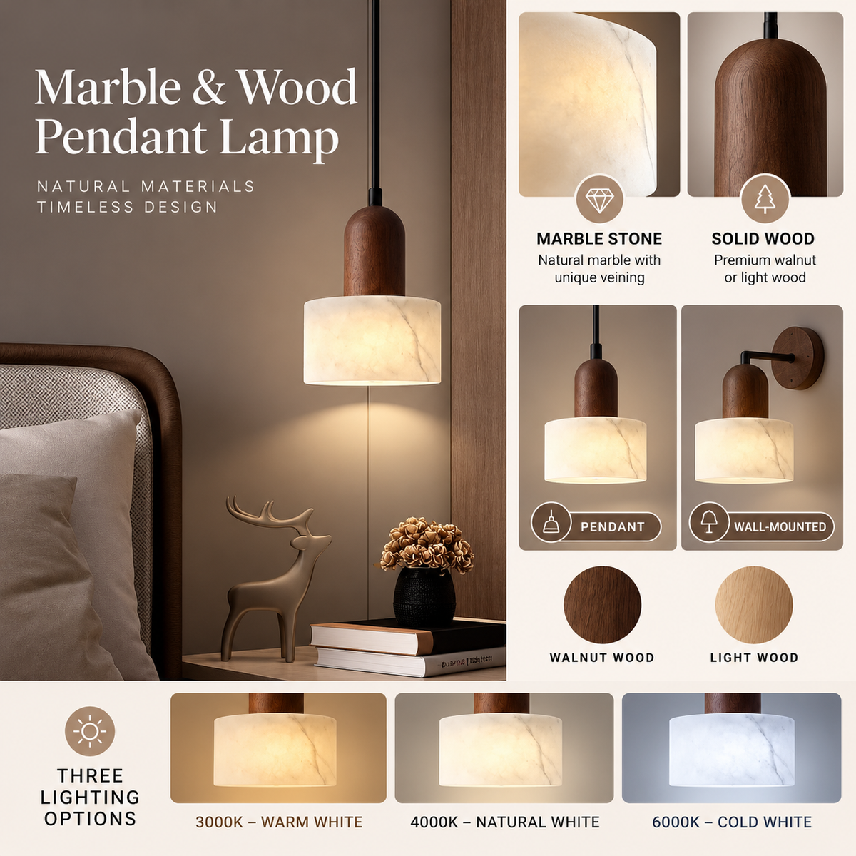 Marble and wood lamp infographic showing materials, pendant or wall format and light options