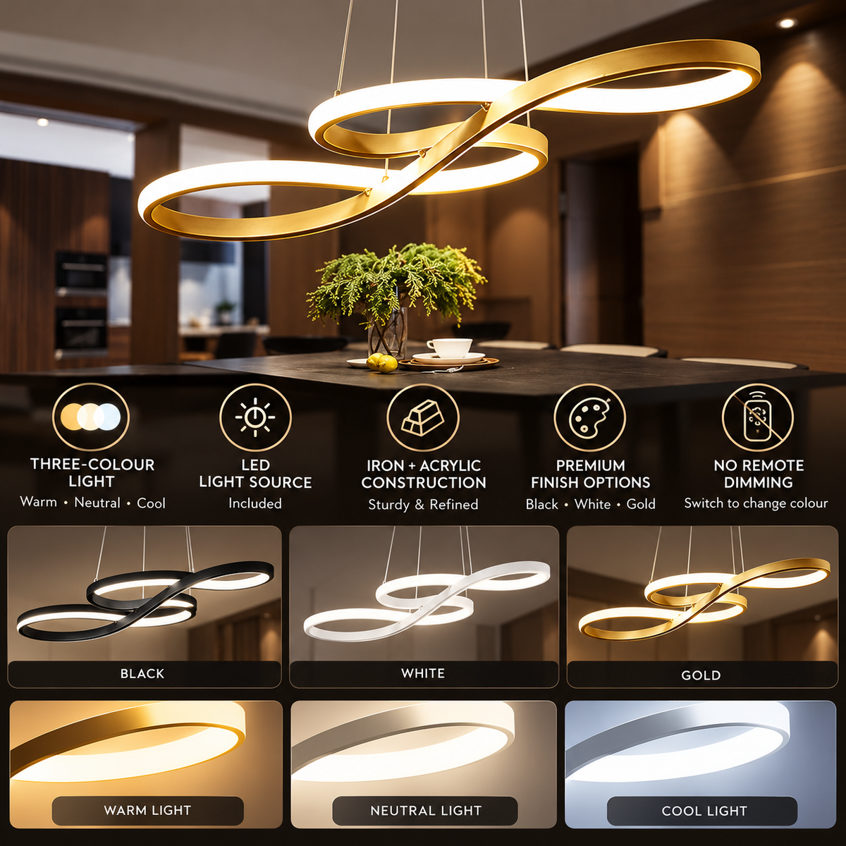 Sculptural LED pendant infographic showing finish, material and lighting options