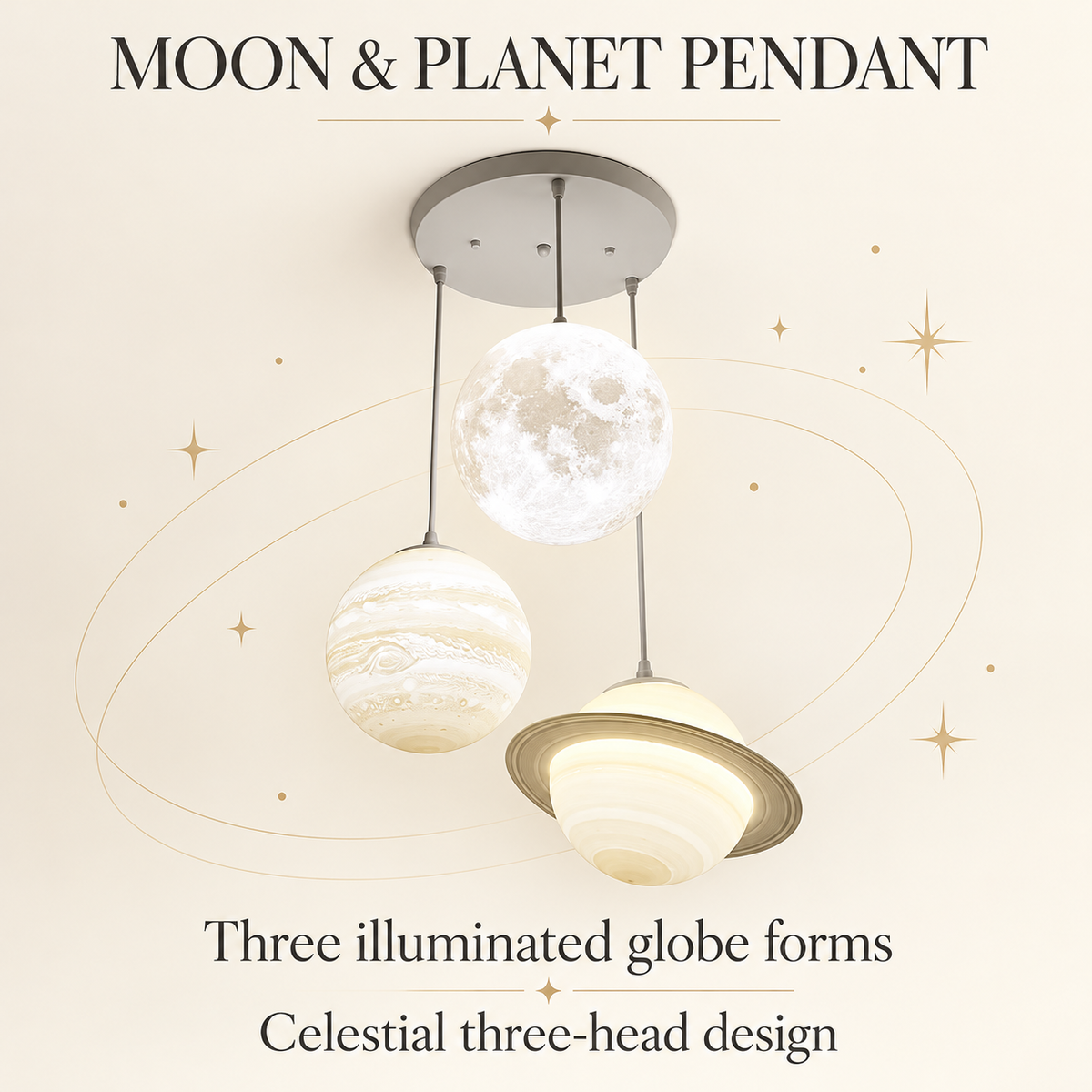 Moon and Planet pendant infographic showing three illuminated globe forms and celestial design