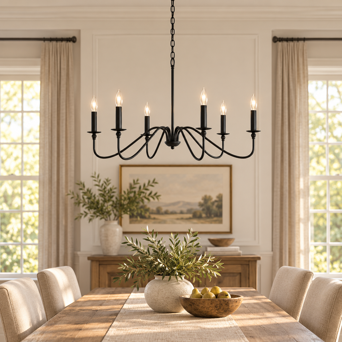 Black vintage candle chandelier installed above a dining table