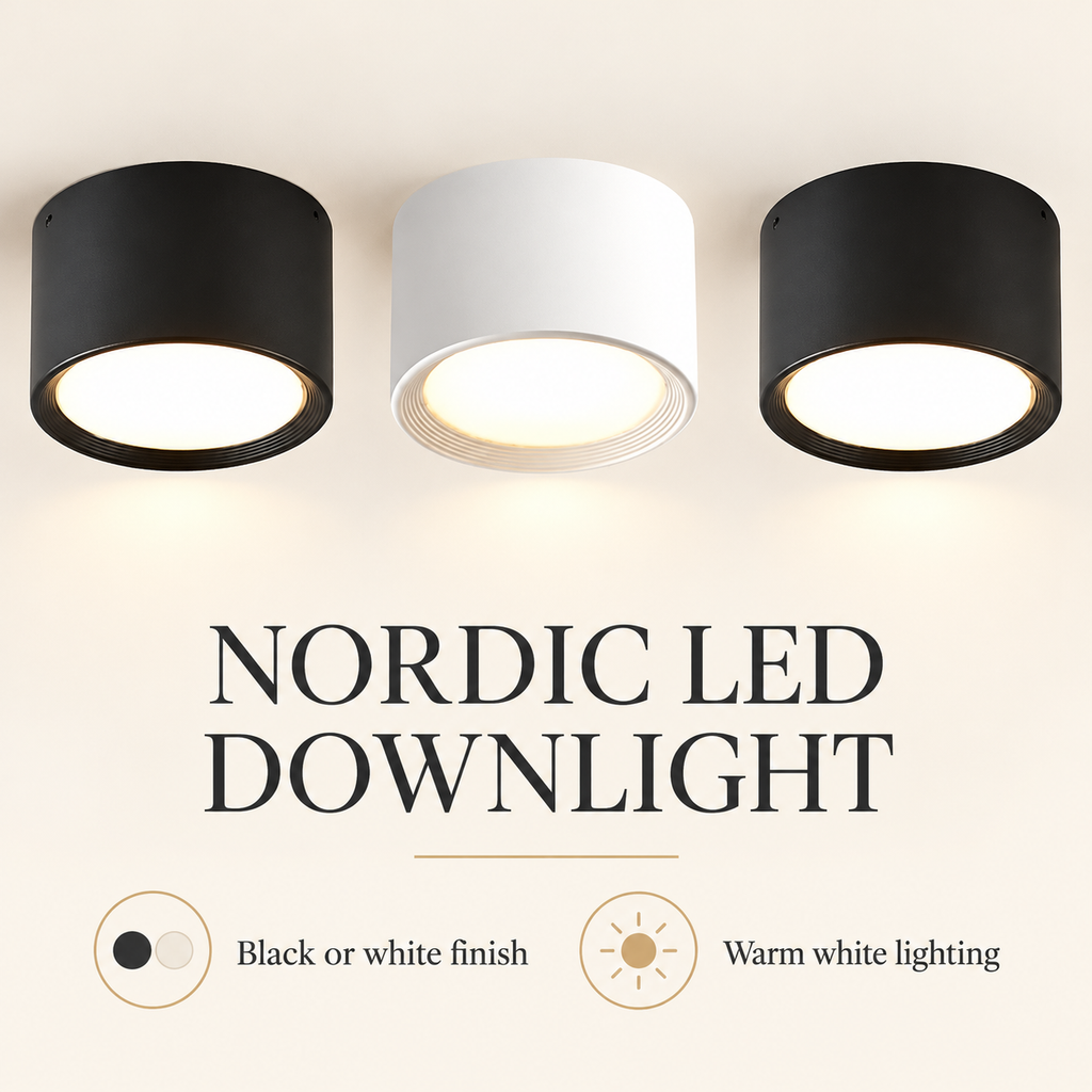 Nordic LED downlight infographic showing black or white finish and warm white lighting