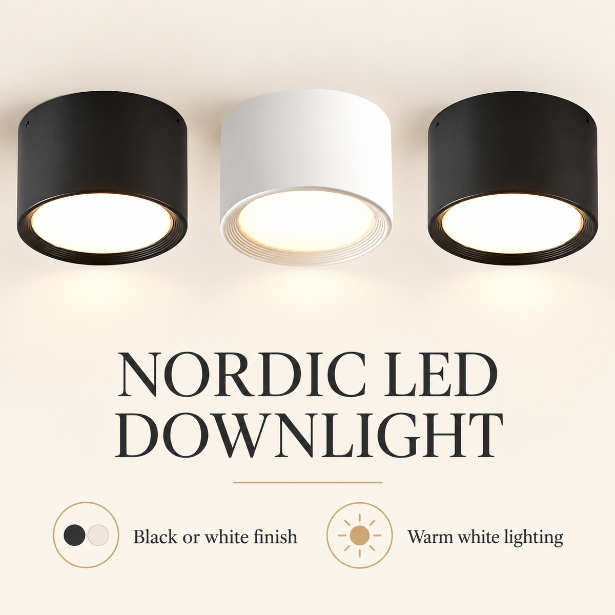 Nordic LED downlight infographic showing black or white finish and warm white lighting