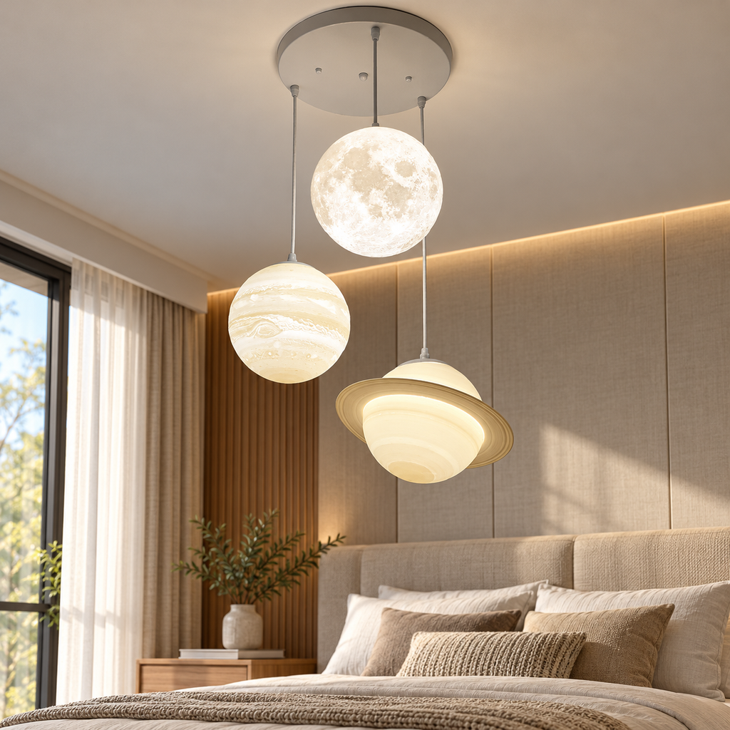 Three-head Moon and Planet pendant light installed in an elegant neutral bedroom