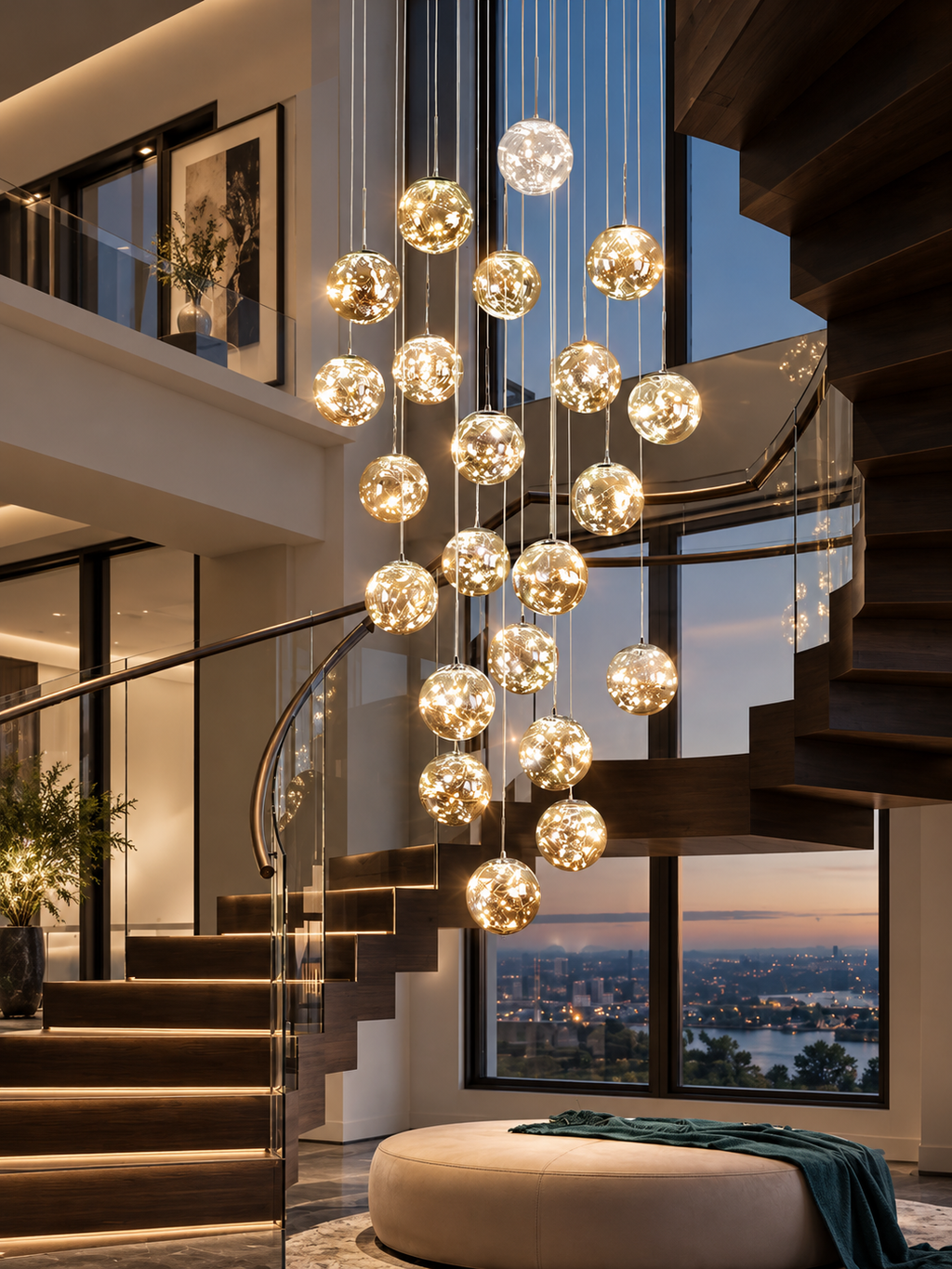 Cascading cognac glass ball chandelier installed in a staircase hall