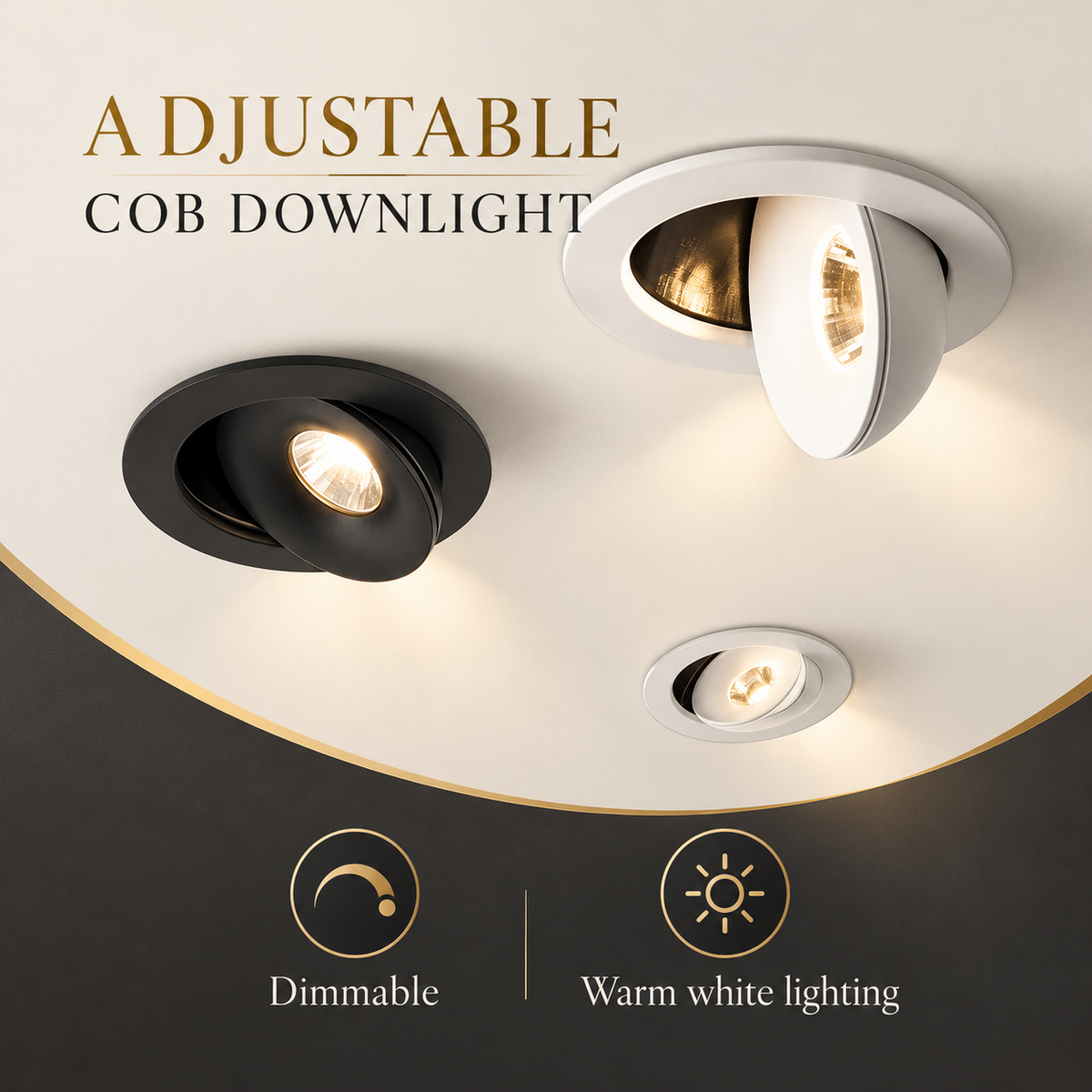 Adjustable COB downlight infographic showing dimmable warm white lighting