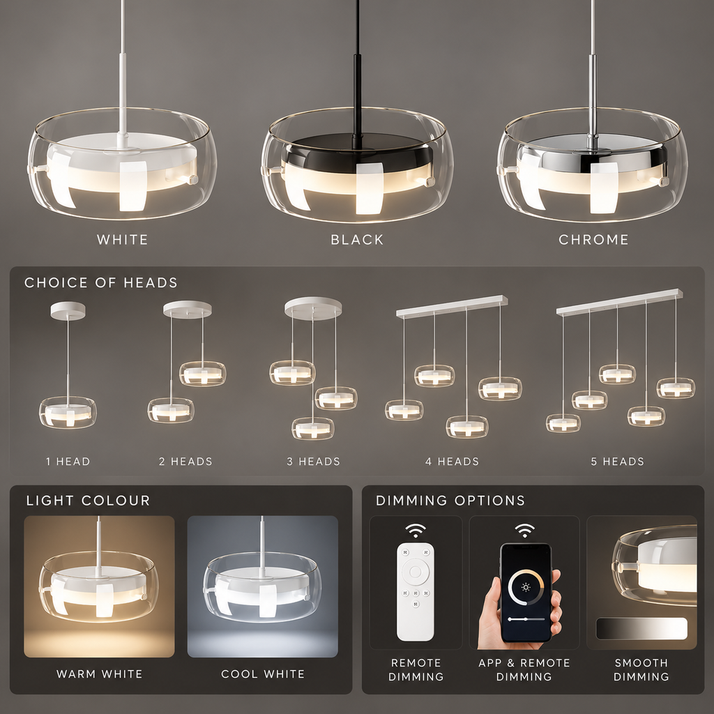 LED disc pendant infographic showing colour, head-count and dimming options