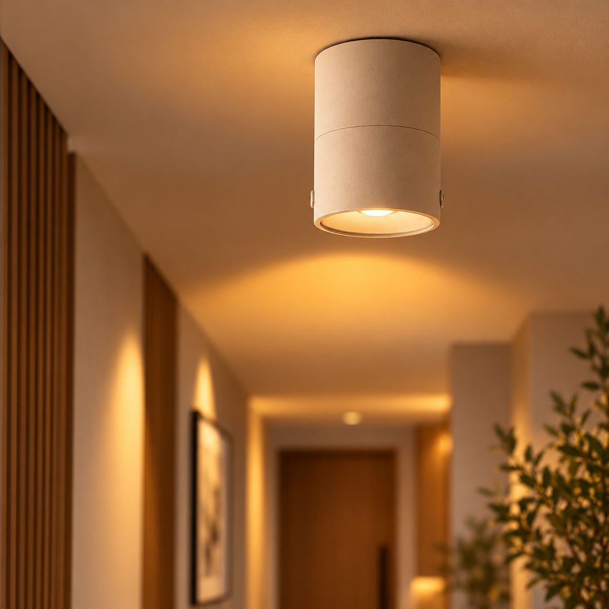 Foldable COB ceiling spotlight installed in a refined hallway