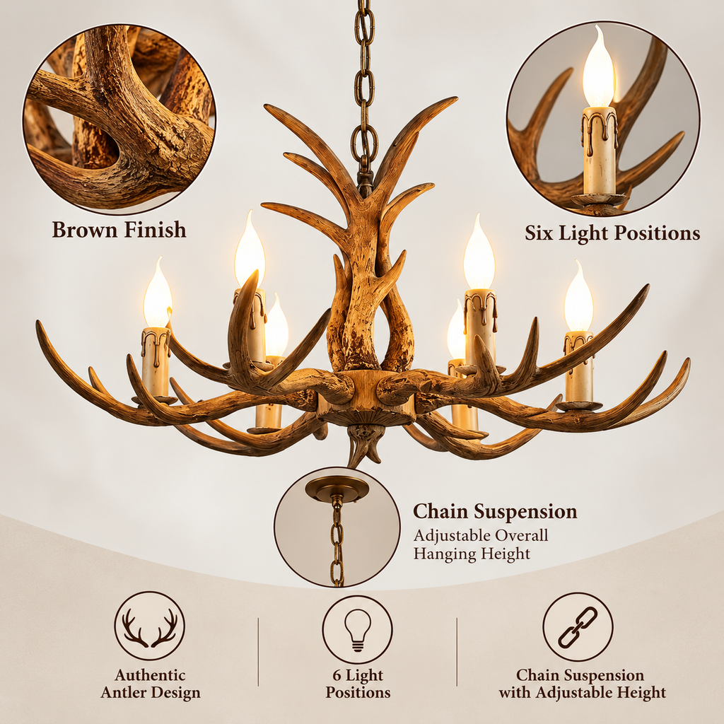 Brown antler chandelier infographic showing six light positions and adjustable chain suspension