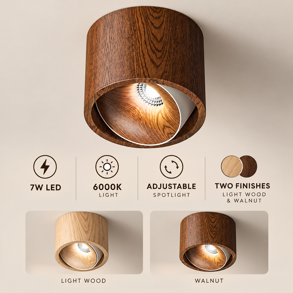 Wood-style adjustable LED downlight infographic showing 7W, 6000K and light wood or walnut finishes