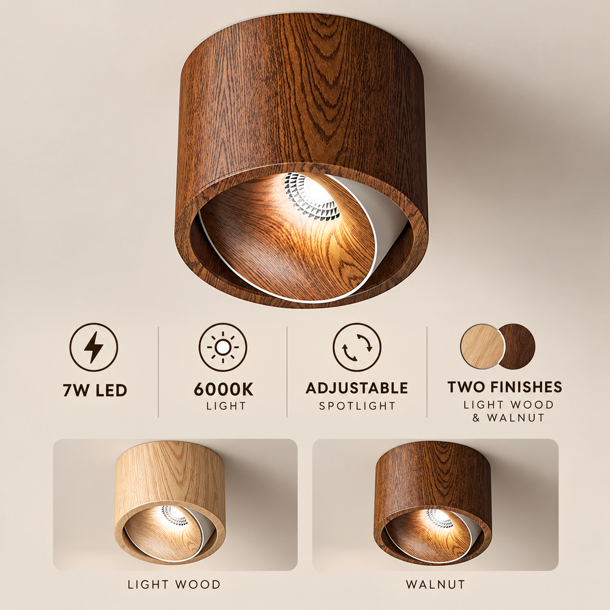 Wood-style adjustable LED downlight infographic showing 7W, 6000K and light wood or walnut finishes