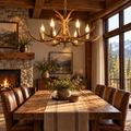 Brown antler-style six-light chandelier installed above a rustic dining table
