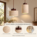 Textured cylinder pendant infographic showing shade style, wood-tone options and light colours