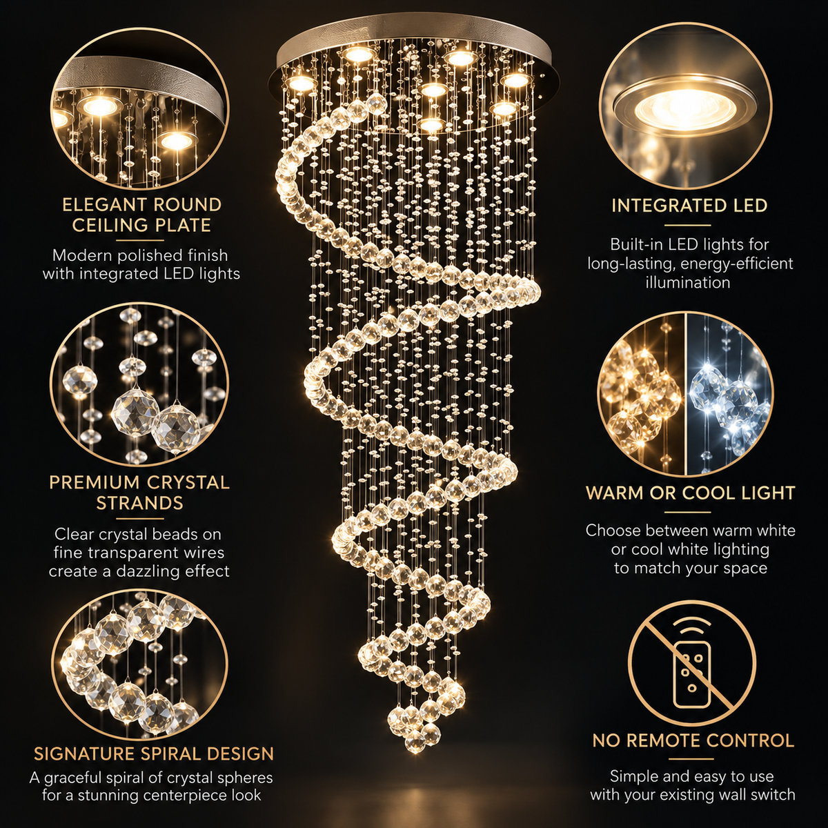 Spiral crystal chandelier infographic showing integrated LED, warm or cool light and no remote control