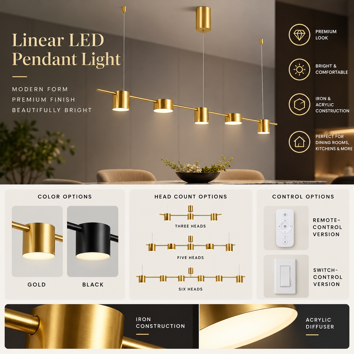 Linear LED pendant infographic showing black or gold finish, three, five or six heads and control options