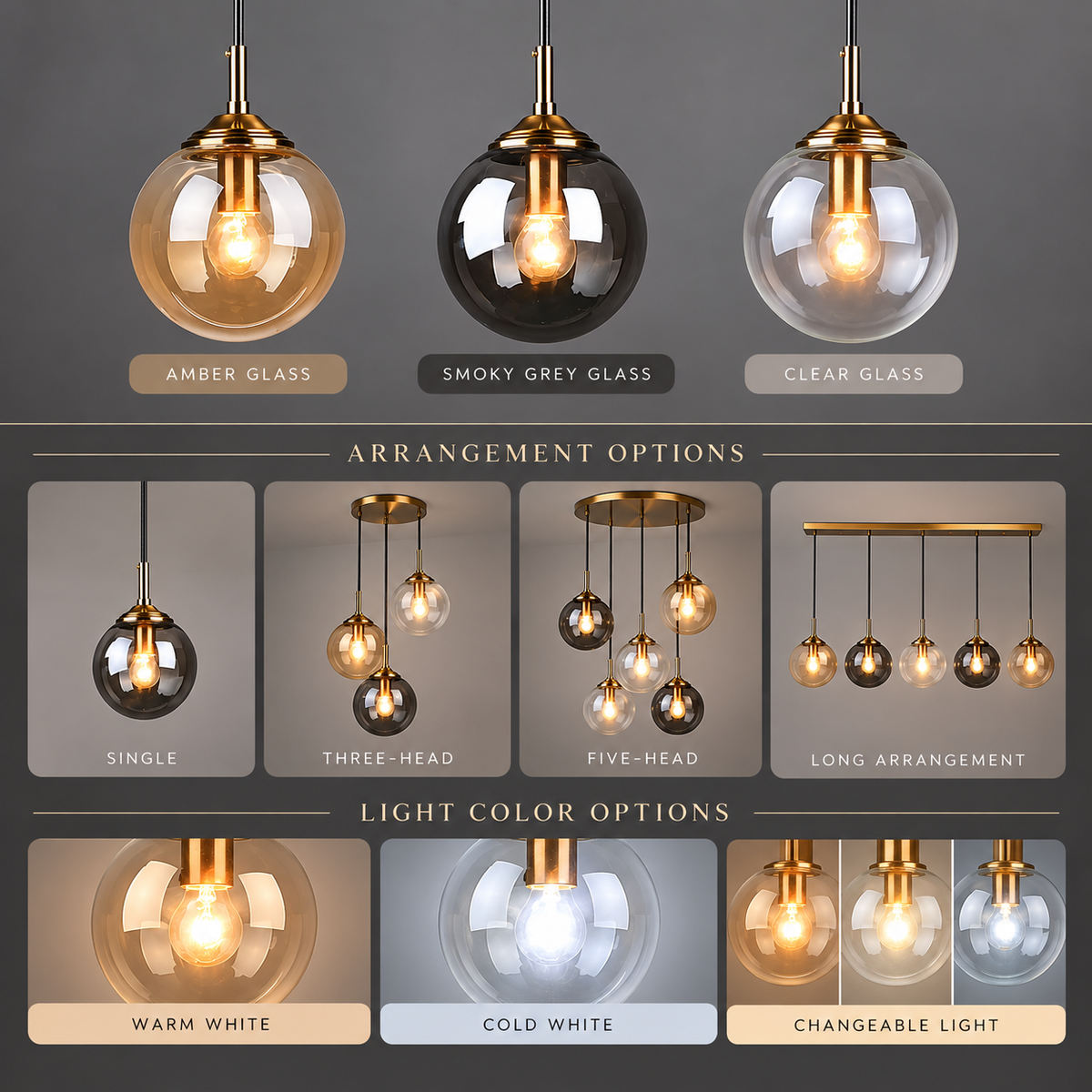 Glass globe pendant infographic showing amber, smoky grey or clear glass, arrangement and light options