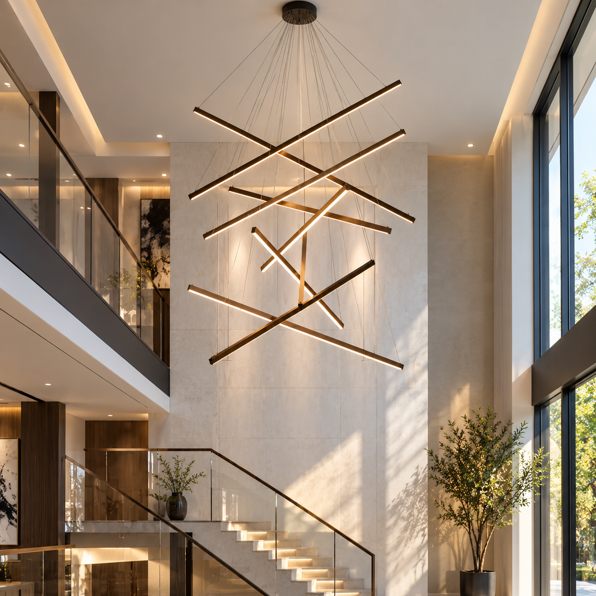 LED bar staircase chandelier installed in a bright double-height stair hall