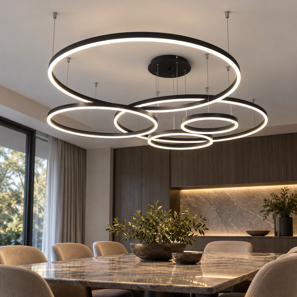 Black LED ring pendant chandelier installed above a contemporary dining table