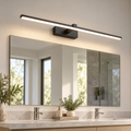 Black linear LED mirror light installed above a modern bathroom vanity