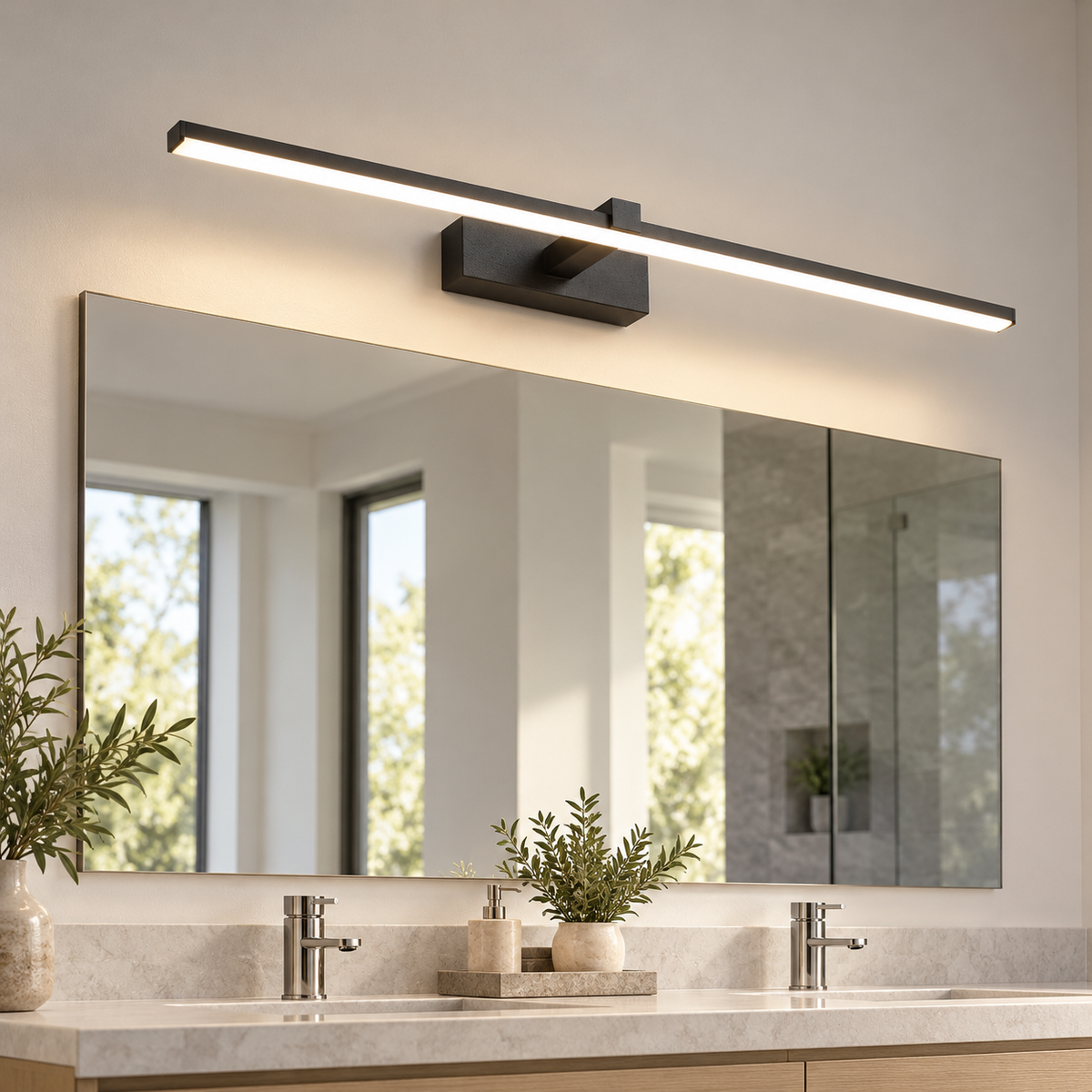 Black linear LED mirror light installed above a modern bathroom vanity
