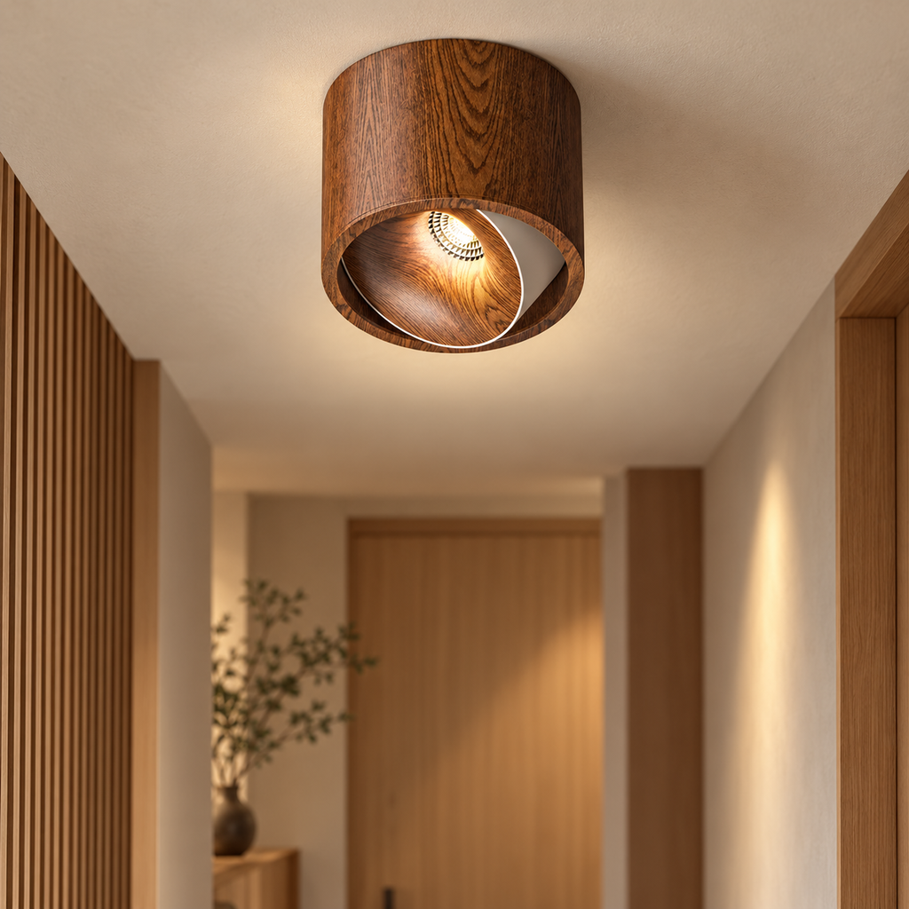 Walnut wood-style adjustable LED ceiling downlight installed in a Japandi hallway
