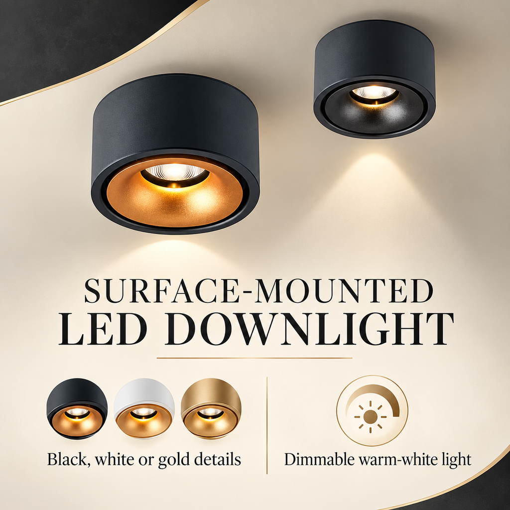 Surface-mounted downlight infographic showing black, white or gold details and dimmable warm-white light