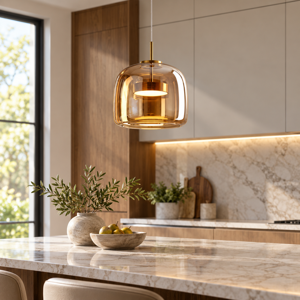 Amber glass shade LED pendant installed above a contemporary kitchen island